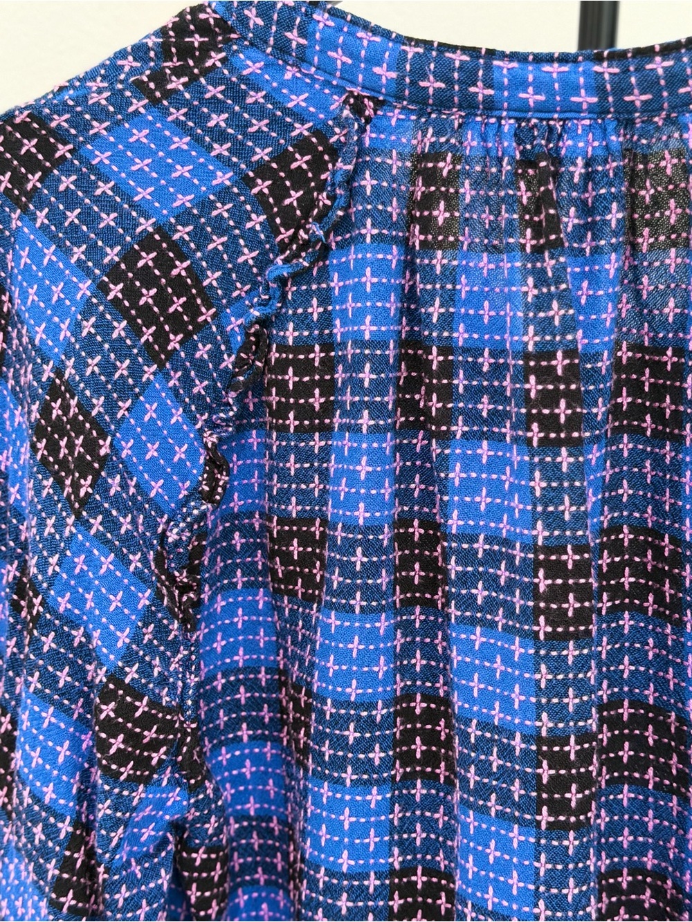 Pilcro Anthropologie Blue Black Pink Wool Blend Plaid Blouse Boho Academia - Picture 11 of 11